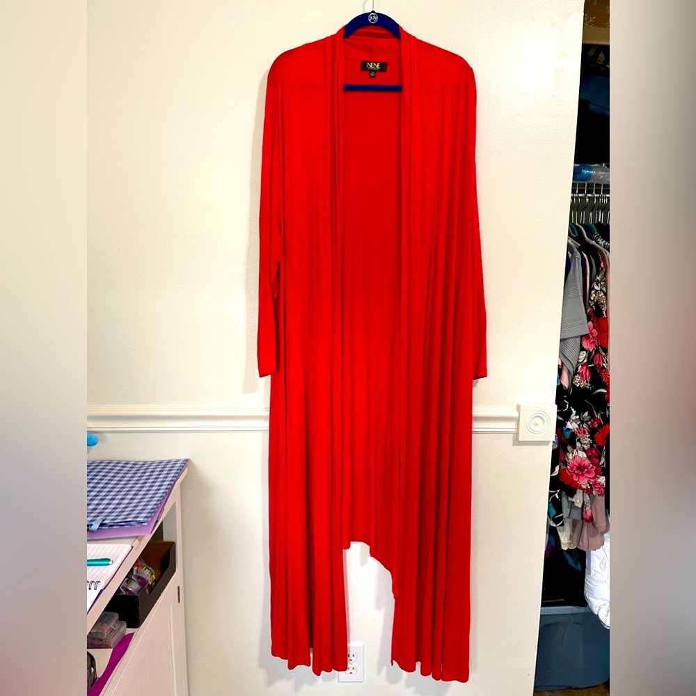 Red long shark bite hem duster